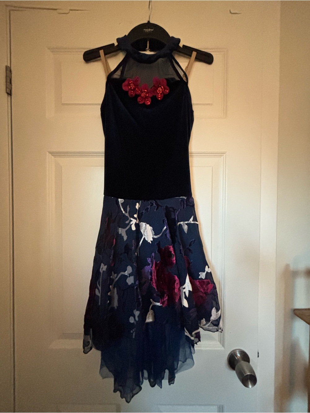 Revolution Navy Velvet & Floral Applique Dance Dress with Red Accents